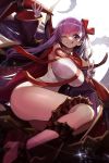  1girl ass bangs bb_(fate)_(all) bb_(swimsuit_mooncancer)_(fate) black_coat blush breasts coat fate/extra fate/extra_ccc fate/grand_order fate_(series) goomrrat hair_ribbon hand_gesture highres hips large_breasts legs leotard licking_lips long_hair looking_at_viewer neck_ribbon one_eye_closed open_clothes open_coat popped_collar purple_hair red_ribbon ribbon simple_background smile solo tentacle thighs tongue tongue_out v vampire_costume very_long_hair violet_eyes white_background white_leotard 