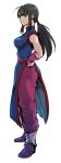  1girl bangs black_hair blue_eyes breasts chi-chi_(dragon_ball) china_dress chinese_clothes dragon_ball dragon_ball_(classic) dress eyelashes full_body hand_on_hip light_smile long_hair ponytail profile purple_footwear simple_background sleeveless smile solo st62svnexilf2p9 standing white_background wristband 