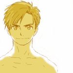  1boy alphonse_elric bare_shoulders blonde_hair close-up fullmetal_alchemist looking_at_viewer lowres male_focus mattsu shaded_face shirtless short_hair simple_background smile upper_body white_background yellow_eyes 