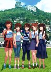  5girls :d ;) alternate_costume backpack bag blew_andwhite blue_skirt brown_eyes brown_hair building casual clothes_around_waist comiket_94 commentary_request denim fubuki_(kantai_collection) full_body green_eyes grin hand_holding hatsuyuki_(kantai_collection) highres i-401_(kantai_collection) jacket jacket_around_waist jeans kantai_collection long_hair long_skirt looking_at_viewer looking_to_the_side low_ponytail low_twintails miyuki_(kantai_collection) mountain multiple_girls odd_one_out one_eye_closed open_mouth orange_jacket pagoda pants photo_background ponytail scenery shirayuki_(kantai_collection) shirt shoes short_hair short_ponytail skirt smile sneakers twintails v v-shaped_eyebrows white_shirt 