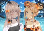  2girls :q abigail_williams_(fate/grand_order) bangs bare_shoulders bikini black_bikini black_bow blonde_hair blue_eyes blue_sky blurry blurry_background blush bow breasts cleavage closed_mouth clouds collarbone commentary_request day depth_of_field double_bun emerald_float eyebrows_visible_through_hair fate/grand_order fate_(series) fork fou_(ssqseeker) hair_between_eyes hair_bow highres holding holding_fork horizon horn lavinia_whateley_(fate/grand_order) long_hair multiple_girls ocean orange_bow outdoors pale_skin parted_bangs pink_hair polka_dot polka_dot_bow side_bun sidelocks silver_hair sky small_breasts smile sparkle sweat swimsuit tongue tongue_out water wide-eyed 
