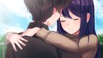  1boy 1girl blue_sky brown_hair closed_eyes clouds day doki_doki_literature_club eyebrows_visible_through_hair game_cg hair_ornament hairclip hetero hug long_hair long_sleeves outdoors peachcake protagonist_(doki_doki_literature_club) purple_hair sky yuri_(doki_doki_literature_club) 