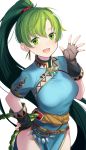  1girl :d aqua_dress black_gloves blush breasts cute dress earrings female fingerless_gloves fire_emblem fire_emblem:_rekka_no_ken fire_emblem:_the_blazing_blade fire_emblem_7 gloves green_eyes green_hair hand_on_hip hand_up highres intelligent_systems jewelry long_hair long_ponytail looking_at_viewer lyn_(fire_emblem) lyndis_(fire_emblem) medium_breasts moe nintendo open_mouth ponytail ringozaka_mariko short_sleeves side_slit simple_background smile solo standing waving white_background 