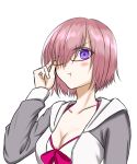  absurdres blush breasts cleavage collarbone eyebrows_visible_through_hair eyewear_visible_through_hair fate/grand_order fate_(series) glasses highres hood hoodie lavender_hair mash_kyrielight pink_hair pout red-framed_eyewear simple_background swimsuit user_ujzx4875 violet_eyes white_background white_swimsuit 