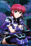  1girl absurdres amitie_florian bangs black_legwear braid clouds eyebrows_visible_through_hair fingerless_gloves gauntlets gloves glowing green_eyes head_in_hand highres long_hair looking_at_viewer lyrical_nanoha mahou_shoujo_lyrical_nanoha_detonation megami night official_art redhead scan shiny shiny_hair short_sleeves sidelocks single_braid sitting sky smile solo thigh-highs 