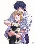  1boy 1girl absurdres animal blonde_hair cat closed_eyes frederica_greenhill ginga_eiyuu_densetsu heart highres holding holding_animal holding_cat hoshiai_tora hug hug_from_behind pants parted_lips shirt short_hair standing white_background white_shirt yang_wen-li 