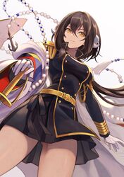  1girl anchor azur_lane bangs belt black_hair blush breasts brown_hair closed_mouth coat double-breasted epaulettes floating_hair gloves hair_between_eyes highres holding horns long_hair long_sleeves looking_at_viewer medium_breasts mikasa_(azur_lane) military military_uniform off_shoulder saber_(weapon) sidelocks simple_background skirt smile solo sword thighs tied_hair uniform weapon white_background white_gloves wind wind_lift yellow_eyes yuko_(uc_yuk) 