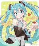  1girl :9 :q aqua_eyes aqua_hair blush cake detached_sleeves eyebrows_visible_through_hair food food_on_face green_background hair_between_eyes happy hatsune_miku long_hair necktie snowmi solo tongue tongue_out twintails very_long_hair vocaloid 