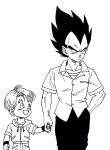  2boys :d age_difference black_eyes black_hair black_pants clenched_hand commentary_request dragon_ball dragon_ball_super dragonball_z expressionless father_and_son fingernails frown hand_holding hand_in_pocket happy height_difference highres hood hood_down jacket lee_(dragon_garou) looking_at_another looking_away looking_up male_focus monochrome multiple_boys open_mouth pants serious shirt short_hair simple_background smile spiky_hair standing trunks_(dragon_ball) upper_body vegeta white_background wristband 
