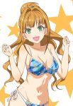  1girl :d bikini breasts brown_hair cleavage collarbone green_eyes hair_ornament high_ponytail hino_akane_(idolmaster) idolmaster idolmaster_cinderella_girls long_hair looking_at_viewer mashou_boy medium_breasts navel open_mouth shiny shiny_hair shiny_skin side-tie_bikini smile solo standing swimsuit very_long_hair 