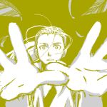  1boy close-up expressionless feathers floating_hair fullmetal_alchemist hands looking_at_viewer lowres male_focus mattsu monochrome open_mouth simple_background teeth upper_body van_hohenheim wind wind_lift yellow_background younger 