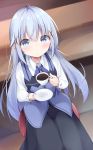  1girl ahoge bangs black_skirt blue_bow blue_eyes blue_hair blue_vest blurry blurry_background blush bow closed_mouth coffee collared_shirt commentary_request cup depth_of_field drinking_glass dutch_angle eyebrows_visible_through_hair gochuumon_wa_usagi_desu_ka? hair_between_eyes hair_ornament highres holding holding_cup holding_saucer indoors kafuu_chino kyuukon_(qkonsan) long_hair long_sleeves looking_at_viewer rabbit_house_uniform saucer shirt sitting skirt solo stool teacup very_long_hair vest white_shirt x_hair_ornament 