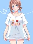  1girl alternate_hairstyle blue_background blue_eyes blush clothes_writing collarbone commentary_request eyebrows_visible_through_hair green_hair heart highres looking_at_viewer love_live! love_live!_sunshine!! minori_748 no_pants see-through_silhouette shirt shirt_hold short_sleeves side_bun simple_background smile solo t-shirt watanabe_you white_shirt 
