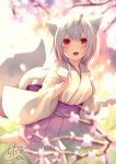  1girl :d animal_ears bangs barefoot blurry blurry_background blurry_foreground blush chita_(ketchup) clenched_hand commentary_request depth_of_field eyebrows_visible_through_hair fox_ears fox_girl fox_tail hair_between_eyes hakama hakama_skirt hand_up highres japanese_clothes kimono long_hair long_sleeves looking_at_viewer open_mouth original purple_hakama red_eyes short_kimono signature smile solo standing standing_on_one_leg tail tail_raised thick_eyebrows tree_branch white_hair white_kimono wide_sleeves 
