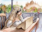  1girl bare_shoulders blindfold blonde_hair braid breast_rest breasts character_doll cleavage commentary_request detached_sleeves dress frank_leung french_braid goblin_slayer goblin_slayer! large_breasts leaning_forward long_hair maiden_of_the_sword quill sitting solo strapless strapless_dress traditional_media very_long_hair watercolor_(medium) white_dress 