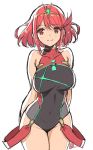  1girl arms_behind_back bare_shoulders brown_eyes collarbone covered_navel pyra_(xenoblade) looking_at_viewer redhead saitou_masatsugu short_hair signature simple_background smile solo swimsuit tiara white_background xenoblade_(series) xenoblade_2 