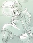  1girl breasts clouds commentary_request dragon_quest dragon_quest_ii dress graphite_(medium) grass greyscale hood hood_up kichijou_agata long_hair looking_at_viewer monochrome moon princess princess_of_moonbrook robe slime_(dragon_quest) traditional_media 