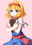  1girl alice_margatroid bangs blonde_hair blue_dress blue_eyes blush book capelet commentary_request cowboy_shot dress eyebrows_visible_through_hair hairband highres holding holding_book looking_at_viewer object_hug open_mouth pink_background red_hairband red_neckwear red_sash ruu_(tksymkw) sash short_hair simple_background solo standing touhou white_capelet 