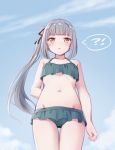  !? 1girl aqua_bikini arm_at_side arm_behind_back bangs bikini bikini_skirt black_ribbon blue_sky blunt_bangs blush breasts cowboy_shot day emia_wang eyebrows_visible_through_hair gluteal_fold grey_hair groin hair_ribbon halterneck highres kantai_collection kasumi_(kantai_collection) long_hair looking_at_viewer looking_down navel open_mouth outdoors ribbon side_ponytail sky small_breasts solo standing swimsuit yellow_eyes 