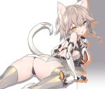  1girl animal_ears ass bangs bare_shoulders black_panties blade_(galaxist) blush breasts brown_hair cat_ears cat_girl cat_tail copyright_request elbow_gloves eyebrows_visible_through_hair fang gloves grey_gloves grey_legwear hair_between_eyes head_tilt long_hair looking_at_viewer looking_back orange_hair panties parted_lips sidelocks small_breasts solo tail tail_raised thigh-highs underwear 