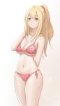  1girl absurdres bikini blonde_hair breasts chaji_h cleavage feet_out_of_frame hair_ornament hair_scrunchie highres large_breasts long_hair looking_at_viewer pink_bikini pink_scrunchie scrunchie side-tie_bikini simple_background solo standing sunohara_ayaka sunoharasou_no_kanrinin-san swimsuit white_background yellow_eyes 