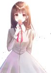  1girl bangs blunt_bangs blush brown_eyes brown_hair collared_dress commentary_request covered_mouth dress eyebrows_visible_through_hair flower grey_dress hand_up highres holding holding_flower kashiwaba_en long_hair long_sleeves looking_at_viewer original pink_flower simple_background solo white_background 