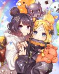  &gt;_o 2girls abigail_williams_(fate/grand_order) absurdres animal anniversary balloon bangs black_bow black_hat black_jacket blonde_hair blue_eyes blue_sky blush bow closed_mouth clouds commentary_request copyright_name day fate/grand_order fate_(series) fingernails fou_(fate/grand_order) grey_hoodie hair_bow hand_on_another&#039;s_shoulder hand_up hat heart heroic_spirit_traveling_outfit hi_(wshw5728) highres hood hood_down hoodie jacket katsushika_hokusai_(fate/grand_order) long_hair long_sleeves looking_at_viewer medjed multiple_girls object_hug octopus one_eye_closed orange_bow outdoors parted_bangs parted_lips polka_dot polka_dot_bow purple_hair rainbow sky sleeves_past_fingers sleeves_past_wrists smile stuffed_animal stuffed_toy teddy_bear tokitarou_(fate/grand_order) v 