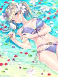  1girl afloat bangs bare_arms bare_shoulders bikini blonde_hair blue_eyes blue_ribbon blurry blush breasts cleavage closed_mouth collarbone depth_of_field dutch_angle flower front-tie_bikini front-tie_top granblue_fantasy groin hair_intakes hairband head_tilt highres holding holding_flower jeanne_d&#039;arc_(granblue_fantasy) leaf long_hair looking_away looking_to_the_side lying medium_breasts navel on_back petals purple_hairband ribbon rugo shallow_water shiny shiny_hair side-tie_bikini smile solo sparkle stomach string_bikini swimsuit thigh_gap twintails water white_flower white_ribbon 