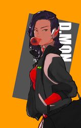  1girl bag bodysuit breasts brown_eyes bubble_blowing chewing_gum d.mon_(overwatch) duffel_bag flipped_hair forehead hand_in_pocket headphones high_collar highres jacket kayla_(mchandraws) medium_breasts medium_hair overwatch pilot_suit purple_hair ribbed_bodysuit solo 