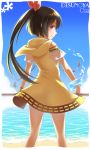  1girl alternate_color amahane_tobari beach border brown_hair closed_mouth clouds copyright_name day dress from_behind fushigi_na_yume_no_umi_no_tobari hair_ribbon high_ponytail holding long_hair looking_at_viewer number official_art outdoors ponytail profile red_ribbon ribbon short_sleeves sky smile solo standing takana_(srplus) very_long_hair violet_eyes water yellow_dress 