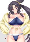  1girl bangs bare_shoulders bikini black_hair blue_bikini blue_eyes blush breasts closed_mouth fate/grand_order fate_(series) hair_bun hair_ribbon hands_on_hips highres hips jacket large_breasts long_hair looking_at_viewer navel open_clothes open_jacket parted_bangs ribbon sankakusui shiny shiny_hair side_ponytail sideboob simple_background sleeves_past_wrists smile solo swimsuit ushiwakamaru_(fate/grand_order) ushiwakamaru_(swimsuit_assassin)_(fate) very_long_hair waist white_background yellow_jacket yellow_ribbon 