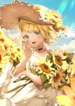  1girl :d bangs blonde_hair blue_eyes blue_sky bouquet collar collarbone day dress field floating_hair flower flower_field hair_ornament hat highres holding holding_bouquet kagamine_rin looking_at_viewer open_mouth outdoors parted_bangs sawashi_(ur-sawasi) shiny shiny_hair short_hair sky sleeveless sleeveless_dress smile solo sparkle standing straw_hat sun_hat sundress sunflower sunlight sweatdrop vocaloid white_dress yellow_flower yellow_hat 
