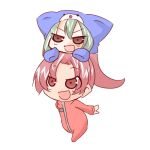  2girls :d animal_ears animal_hood bangs blush brown_eyes cat_ears cat_hood chibi commentary_request eyebrows_visible_through_hair green_hair hair_between_eyes hono hood hood_up long_hair long_sleeves lowres mimyuu_(qp_shooting) multiple_girls official_art on_head open_mouth parted_bangs ponytail qp_shooting red_eyes red_jumpsuit redhead simple_background sleeves_past_fingers sleeves_past_wrists smile tomato_(qp_shooting) v-shaped_eyebrows white_background 