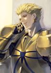  1boy armor armored_gloves blonde_hair earrings fate/stay_night fate_(series) gilgamesh grin hair_slicked_back hand_on_own_cheek index_finger_raised jewelry male_focus parted_lips pauldrons smile solo upper_body yukiyago 