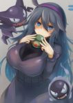  1girl ahoge akahuzi blue_eyes blush breasts closed_mouth creatures_(company) eyebrows_visible_through_hair game_freak gen_1_pokemon ghastly hairband haunter hex_maniac_(pokemon) highres holding holding_poke_ball large_breasts long_hair long_sleeves looking_at_viewer nintendo poke_ball pokemon pokemon_(creature) purple_hair smile solo 