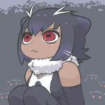  1girl :&lt; bare_shoulders black_hair commentary dark_skin elbow_gloves fang fang_out fur_collar giant_otter_(kemono_friends)_(kuro_(kurojill)) gloves kemono_friends kuro_(kurojill) looking_away looking_up original red_eyes short_hair solo 