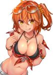  1girl :q ahoge bangs bare_shoulders bikini bikini_top black_bikini_top blush bracelet breasts cleavage closed_mouth collarbone eyebrows_visible_through_hair eyewear_on_head fate/grand_order fate_(series) fujimaru_ritsuka_(female) hair_between_eyes hair_ornament hair_scrunchie highres jewelry large_breasts lips looking_at_viewer midriff navel necklace open_clothes open_shirt orange_eyes orange_hair scrunchie shirt short_hair shorts shuutou_haruka side_ponytail simple_background smile solo sunglasses swimsuit tied_shirt tongue tongue_out white_background 