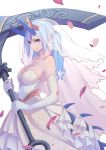  1girl bangs bare_shoulders blue_eyes blue_hair blue_horns breasts bride cleavage closed_mouth dragon_girl dragon_horns dragon_tail dress elatius_the_anchorwielder elbow_gloves fang from_side gloves highres holding holding_scythe holding_weapon horns large_breasts long_hair looking_at_viewer original petals pixiv_fantasia pixiv_fantasia_revenge_of_the_darkness scythe solo strapless strapless_dress tail tiara twintails virgosdf wavy_hair weapon wedding_dress 