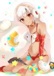  1girl altera_(fate) altera_the_santa bare_shoulders blush boots choker closed_mouth collarbone dark_skin detached_sleeves earmuffs eyebrows_visible_through_hair fate/grand_order fate_(series) feet_out_of_frame full_body_tattoo gloves headdress highres hiyoko_biimu legs looking_at_viewer midriff navel photon_ray red_eyes revealing_clothes sheep shiny shiny_hair short_hair smile solo tan tattoo thighs veil white_hair 