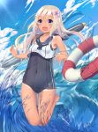  1girl black_swimsuit blonde_hair blue_eyes blue_sky clouds covered_navel crop_top dated day flower full_body hair_flower hair_ornament highres kantai_collection lens_flare lifebuoy long_hair one-piece_swimsuit one-piece_tan open_mouth outdoors ro-500_(kantai_collection) sailor_collar school_swimsuit signature sky smile solo splashing swimsuit swimsuit_under_clothes tan tanline torpedo traveler_(artbbt) water 