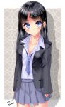  1girl black_hair black_jacket blue_eyes blue_neckwear blue_shirt blush collared_shirt commentary_request copyright_request grey_background grey_skirt hair_ornament hairclip jacket long_sleeves looking_at_viewer mokufuu pleated_skirt shirt skirt solo 