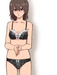  1girl black_bra black_panties bra breasts brown_eyes brown_hair cleavage cowboy_shot floral_print highres looking_at_viewer original panties parted_lips solo standing tuskryo underwear 