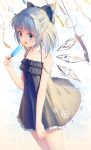  1girl bangs bare_shoulders black_dress blue_bow blue_eyes blue_hair bow cirno collarbone commentary_request dress eyebrows_visible_through_hair fingernails food frilled_dress frills hair_bow highres holding holding_food ice ice_wings ji_dao_ji parted_lips popsicle print_dress sleeveless sleeveless_dress snowflake_print solo strap_slip touhou upper_teeth wind_chime wings 