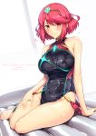  1girl bangs bare_shoulders black_swimsuit blush breasts closed_mouth covered_navel earrings harukon_(halcon) heart highleg highleg_swimsuit highres hips pyra_(xenoblade) jewelry large_breasts looking_at_viewer one-piece_swimsuit red_eyes redhead short_hair sidelocks simple_background sitting smile solo swept_bangs swimsuit thighs tiara waist wet white_background xenoblade_(series) xenoblade_2 