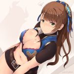  1girl artist_name beatrix_(granblue_fantasy) belt belt_buckle blue_ribbon blue_vest blush bodysuit breasts brown_hair buckle center_opening cleavage closed_mouth cowboy_shot dutch_angle eyebrows eyebrows_visible_through_hair frown granblue_fantasy green_eyes hair_ribbon hand_on_hip large_breasts long_hair looking_at_viewer midriff navel open_clothes open_vest revealing_clothes revision ribbon shiny shiny_skin short_shorts short_sleeves shorts silhouette solo squiggle standing sts tareme thighs vest wavy_mouth 