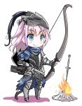  1girl armor arrow blue_eyes bow_(weapon) chainmail dark_souls fatkewell fire fireplace girls_frontline hand_on_hip helmet pink_hair quiver scarf smile solo souls_(from_software) st_ar-15_(girls_frontline) sword weapon 