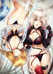  2018 2girls ;) ahoge artist_name bambi_nano bikini black_bikini black_gloves black_jacket blonde_hair blue_eyes blush braid breasts cleavage collarbone dated eyebrows_visible_through_hair fate/grand_order fate_(series) from_above gloves hair_between_eyes jacket jeanne_d&#039;arc_(alter_swimsuit_berserker) jeanne_d&#039;arc_(fate)_(all) jeanne_d&#039;arc_(swimsuit_archer) large_breasts long_hair looking_at_viewer lying multiple_girls navel on_back one_eye_closed open_clothes open_jacket open_mouth print_bikini red_legwear silver_hair single_braid smile swimsuit thigh-highs thigh_strap unzipped very_long_hair wet_jacket white_jacket yellow_eyes 