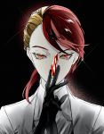  1other androgynous asymmetrical_hair blonde_hair crystal dark_background gem gem_uniform_(houseki_no_kuni) gloves highres houseki_no_kuni labcoat multicolored_hair orange_eyes redhead rutile_(houseki_no_kuni) shards short_hair solo une_brise398 upper_body 