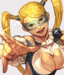  1girl blonde_hair cleavage_cutout domino_mask hankuri mask microphone pointing pointing_at_viewer rainbow_mika street_fighter twintails wrestling_outfit 