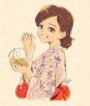  1girl bag beige_background brown_eyes brown_hair candy derivative_work floral_print food grin hair_bun highres holding holding_candy japanese_clothes long_hair looking_at_viewer mojacookie original portrait real_life signature smile solo upper_body 